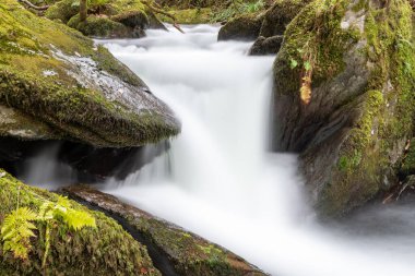 Sonbaharda Exmoor Ulusal Parkı 'ndaki Watersmmet' te Hoar Oak Nehri 'nde bir şelaleye uzun süre maruz kalmak