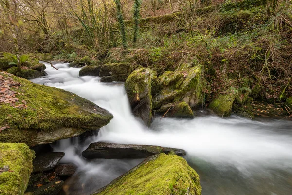 Sonbaharda Exmoor Ulusal Parkı 'ndaki Watersmmet' te Hoar Oak Nehri 'nde bir şelaleye uzun süre maruz kalmak