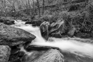 Sonbaharda Exmoor Ulusal Parkı 'ndaki Watersmmet' te Hoar Oak Nehri 'nde bir şelaleye uzun süre maruz kalmak