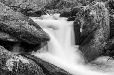 Sonbaharda Exmoor Ulusal Parkı 'ndaki Watersmmet' te Hoar Oak Nehri 'nde bir şelaleye uzun süre maruz kalmak