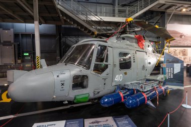 Yeovilton.Somerset.United Kingdom.October 23rd 2022.A Westland Lynx HAS.3 helicopter is on display at the Fleet Air Museum in Somerset