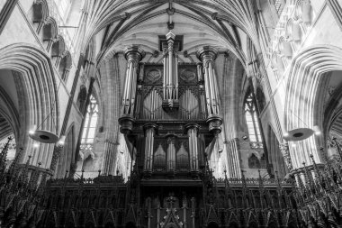 Exeter.Devon. Birleşik Krallık. 19 Şubat 2020. Exeter katedralinin içindeki sorgu odasında organ fotoğrafı.