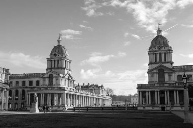 Greenwich. Londra. 1 Aralık 2022. Greenwich Kraliyet Donanma Koleji 'nin siyah beyaz fotoğrafı.