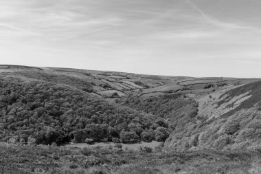 Exmoor Ulusal Parkı 'ndaki Doone Vadisi' nin siyah beyaz fotoğrafı.