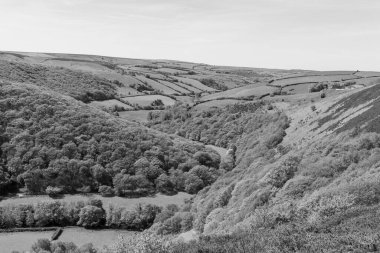 Exmoor Ulusal Parkı 'ndaki Doone Vadisi' nin siyah beyaz fotoğrafı.