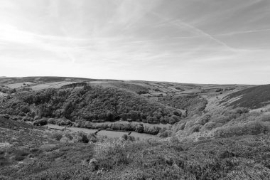 Exmoor Ulusal Parkı 'ndaki Doone Vadisi' nin siyah beyaz fotoğrafı.