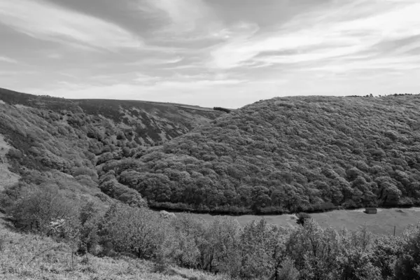Ασπρόμαυρη Φωτογραφία Της Κοιλάδας Doone Στο Εθνικό Πάρκο Exmoor — Φωτογραφία Αρχείου