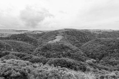 Exmoor Ulusal Parkı 'ndaki Watersmeet Vadisi Countisbury Tepesi' nin tepesinden görüntü