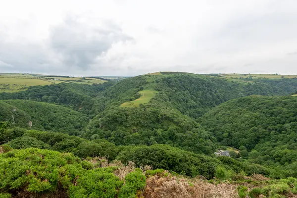 stock image View from the top of Countisbury Hill of Watersmeet Valley in Exmoor National Park