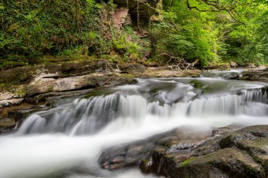 Doğu Lyn nehrinin üzerinde Exmoor Ulusal Parkı 'ndaki Watersmeet' te akan şelalenin uzun pozu