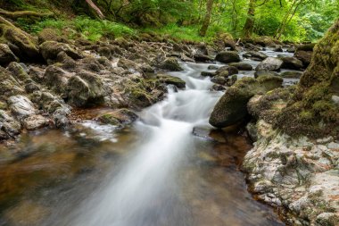 Doğu Lyn nehrinin üzerinde Exmoor Ulusal Parkı 'ndaki Watersmeet' te akan şelalenin uzun pozu