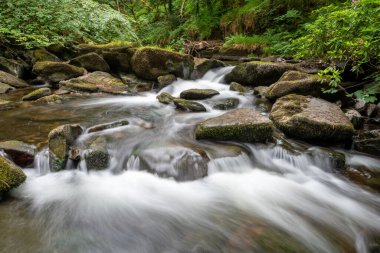 Doğu Lyn nehrinin üzerinde Exmoor Ulusal Parkı 'ndaki Watersmeet' te akan şelalenin uzun pozu