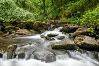 Doğu Lyn nehrinin üzerinde Exmoor Ulusal Parkı 'ndaki Watersmeet' te akan şelalenin uzun pozu