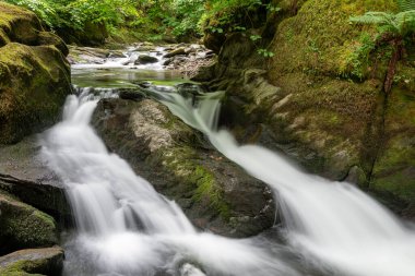 Doğu Lyn nehrinin üzerinde Exmoor Ulusal Parkı 'ndaki Watersmeet' te akan şelalenin uzun pozu