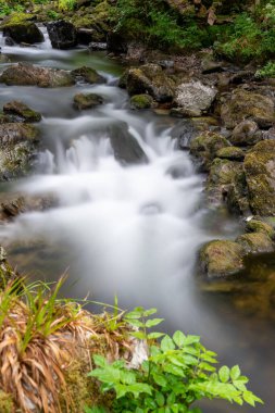 Doğu Lyn nehrinin üzerinde Exmoor Ulusal Parkı 'ndaki Watersmeet' te akan şelalenin uzun pozu