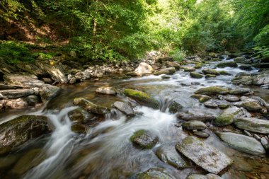 Doğu Lyn nehrinin üzerinde Exmoor Ulusal Parkı 'ndaki Watersmeet' te akan şelalenin uzun pozu