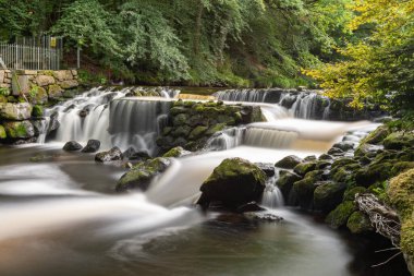 Dartmoor Ulusal Parkı 'ndaki Drogo Kalesi' nden akan Teign Nehri 'nin uzun pozu.