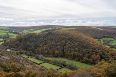 Exmoor Ulusal Parkı 'ndaki Doone Vadisi' ndeki sonbahar renklerinin manzara fotoğrafı.