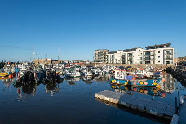 Dorset 'teki West Bay limanında demirlemiş balıkçı tekneleri.