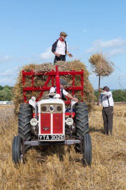Drayton. Somerset. Birleşik Krallık. 19 Ağustos 2023. İzleyiciler, David Brown Selectamatic 990 tarafından çekilen bir karavana saman yığını yüklüyorlar.