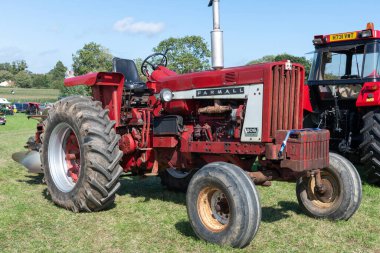 Drayton. Somerset. Birleşik Krallık. 19 Ağustos 2023. 1960 'lardan bir Farmall 806 traktörü Dünden kalma bir çiftçilik etkinliğinde sergileniyor.