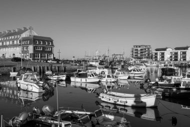 Dorset 'teki West Bay limanında demirlemiş balıkçı tekneleri.