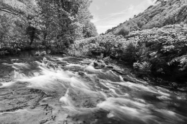 Doğu Lyn nehrinde Exmoor Ulusal Parkı 'ndaki Doone Vadisi' nden akan bir şelalenin uzun pozu