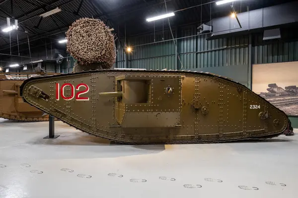 stock image Bovington.Dorset.United Kingdom.August 8th 2023.A Mark 4 male tank fron the first world war is on show at the Tank Museum