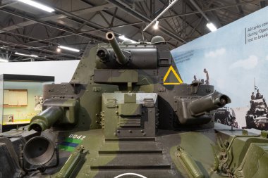 Bovington. Dorset. Birleşik Krallık. 8 Ağustos 2023. Dorset 'teki Tank Müzesi' nde bir A9 kruvazör tankı sergileniyor.