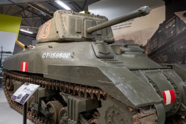 Bovington. Dorset. Birleşik Krallık. 25 Şubat 2024.A Ram 2 kruvazör tankı Dorset 'teki Tank Müzesi' nde sergileniyor.