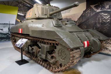 Bovington. Dorset. Birleşik Krallık. 25 Şubat 2024.A Ram 2 kruvazör tankı Dorset 'teki Tank Müzesi' nde sergileniyor.