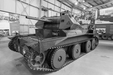 Bovington. Dorset. Birleşik Krallık. 8 Ağustos 2023 İkinci Dünya Savaşı 'ndan kalma bir A13 kruvazör Mark 3 tankı Dorset' teki Tank Müzesi 'nde sergileniyor.