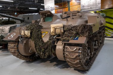 Bovington. Dorset. Birleşik Krallık. 25 Şubat 2024 Ram Kanguru zırhlı taşıyıcı Dorset 'teki Tank Müzesi' nde sergileniyor.