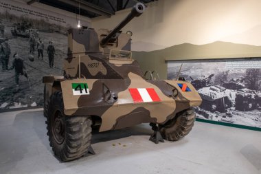 Bovington.Dorset.United Kingdom.February 22nd 2024.An AEC armoured car is on show at The Tank Museum in Dorset clipart