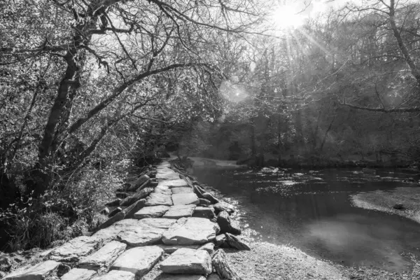 stock image Photograph of the clapper  bridge at Tarr steps in Exmoor national Park