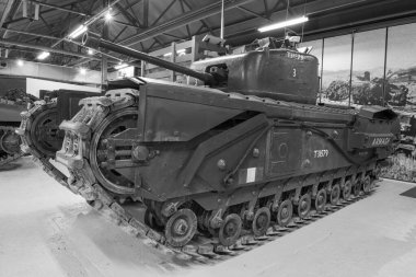 Bovington. Dorset. Birleşik Krallık. 25 Şubat 2024. Dünya Savaşı 'ndan kalma bir Churchill 4 tankı Dorset' teki Tank Müzesi 'nde sergileniyor.