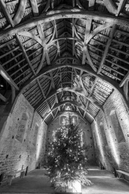 Glastonbury.Somerset.United Kingdom.December 30th 2023.A christmas tree is on show inside the tithe barn at the Somerset Rural Life Museum in Glastonbury clipart