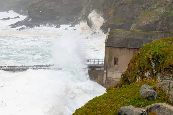 stock image Rough seas at the Lizard Point in Cornwall during storm Kathleen on April 6th 2024