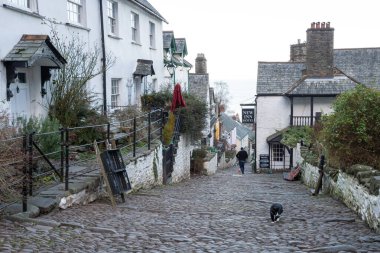 Clovelly. Devon. Birleşik Krallık. 19 Ocak 2024. Clovelly Köyü 'ndeki kaldırımlı caddenin fotoğrafı.