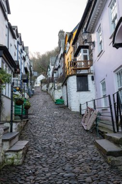 Clovelly. Devon. Birleşik Krallık. 19 Ocak 2024. Clovelly Köyü 'ndeki kaldırımlı caddenin fotoğrafı.