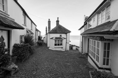 Clovelly. Devon. Birleşik Krallık. 19 Ocak 2024. Clovelly Köyü 'ndeki kaldırımlı caddenin fotoğrafı.