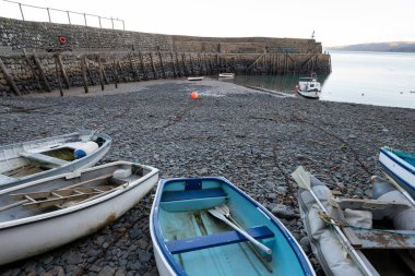 Clovelly. Devon. Birleşik Krallık. 19 Ocak 2024. Clovelly, Kuzey Devon sahilindeki rıhtımın fotoğrafı.