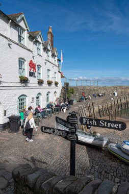 Clovelly. Devon. Birleşik Krallık. 19 Ocak 2024. Devon Clovelly 'deki Red Lion otelinin fotoğrafı.