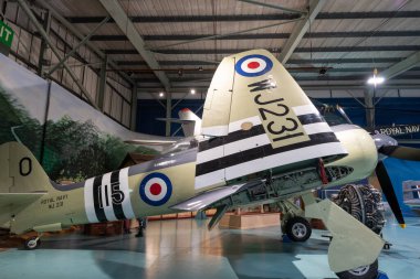 Yeovilton. Somerset. Birleşik Krallık. 18 Ocak 2025. Bir Hawker Sea Fury savaş uçağı Somerset 'teki Fleet Air Arm Museum' da sergileniyor.