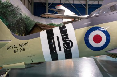 Yeovilton. Somerset. Birleşik Krallık. 18 Ocak 2025. Bir Hawker Sea Fury savaş uçağı Somerset 'teki Fleet Air Arm Museum' da sergileniyor.