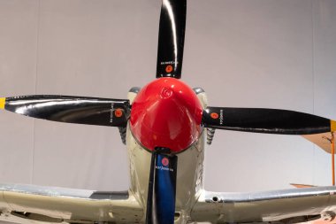 Yeovilton. Somerset. Birleşik Krallık. 18 Ocak 2025. Somerset 'teki Fleet Air Arm Museum' da bir Supermarine Seafire sergileniyor.