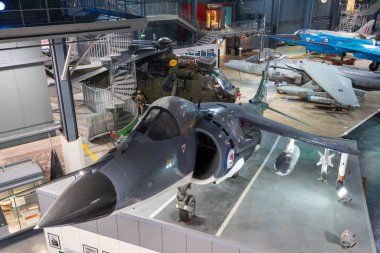 Yeovilton. Somerset. Birleşik Krallık. 23 Ekim 2022 Hawker Siddley Deniz Harrier, Somerset 'teki Donanma Hava Kuvvetleri Silah Müzesi' nde sergileniyor.