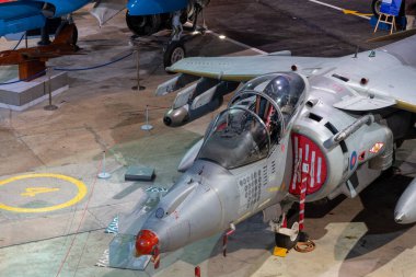Yeovilton. Somerset. Birleşik Krallık. 23 Ekim 2022. Bae Harrier savaş uçağı Somerset 'teki Fleet Air Arm Museum' da sergileniyor.