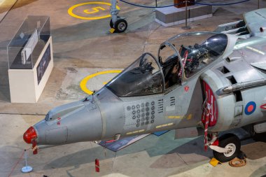 Yeovilton. Somerset. Birleşik Krallık. 23 Ekim 2022. Bae Harrier savaş uçağı Somerset 'teki Fleet Air Arm Museum' da sergileniyor.