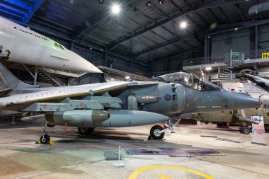 Yeovilton. Somerset. Birleşik Krallık. 23 Ekim 2022. Bae Harrier savaş uçağı Somerset 'teki Fleet Air Arm Museum' da sergileniyor.